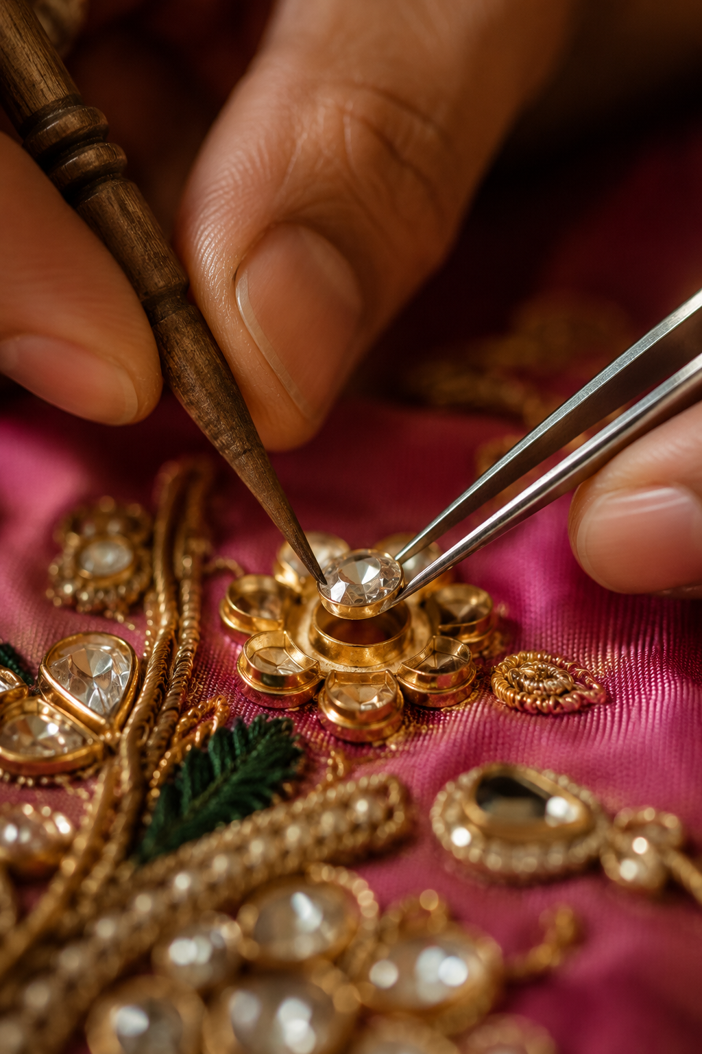 Artisan hands carefully setting kundan stones into gold foil on a Laddu Gopal Poshak